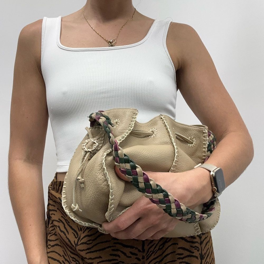 Valerie Steven’s Beige Leather Small Bucket Shoukder Bag Braided Leather Strap